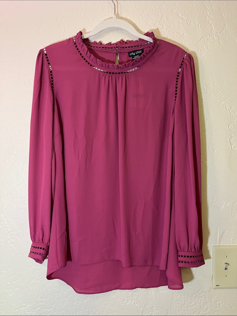 City Chic Magenta Ruffle-Neck Long Sleeve Blouse
